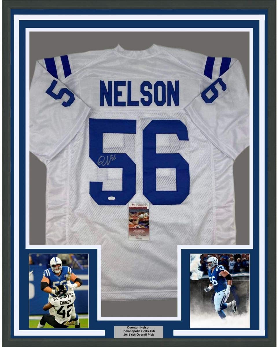 Framed Autographed/Signed Quenton Nelson 35x39 Indianapolis White Football Jersey JSA COA