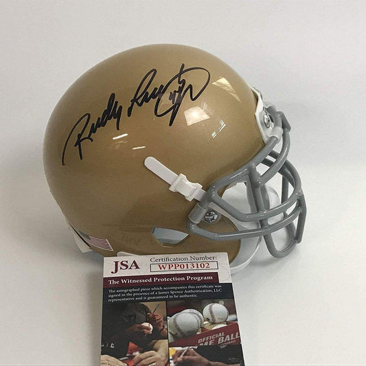Autographed/Signed Rudy Ruettiger Notre Dame Irish Football Mini Helmet JSA COA