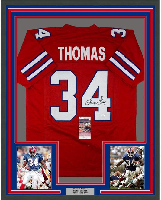 Framed Autographed/Signed Thurman Thomas 35x39 Buffalo Red Football Jersey JSA COA
