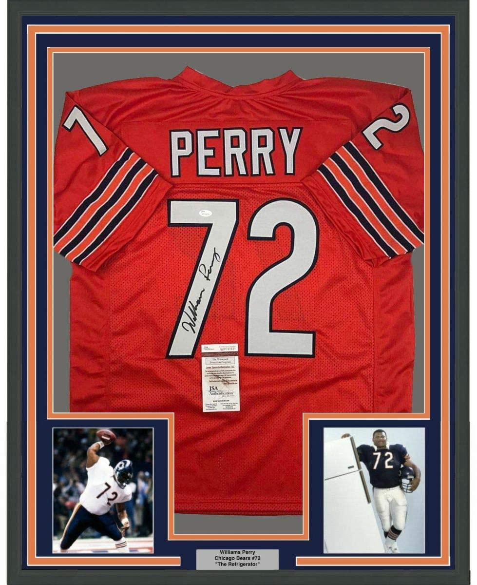 Framed Autographed/Signed William Perry The Refrigerator 35x39 Chicago Orange Football Jersey JSA COA