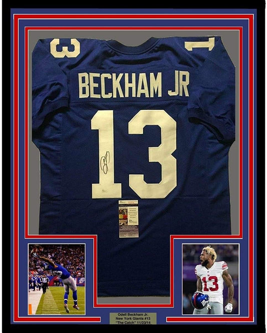 Framed Autographed/Signed Odell Beckham Jr. 35x39 New York Giants Blue Football Jersey JSA COA