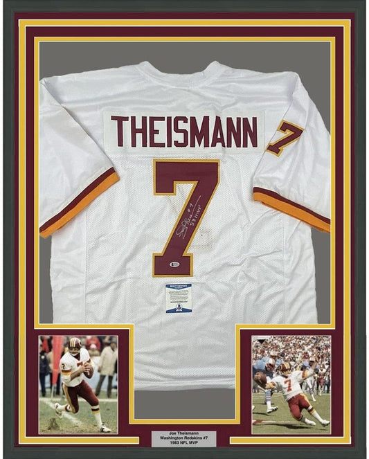 Framed Autographed/Signed Joe Theismann 35x39 83 MVP Washington White Football Jersey Beckett BAS COA