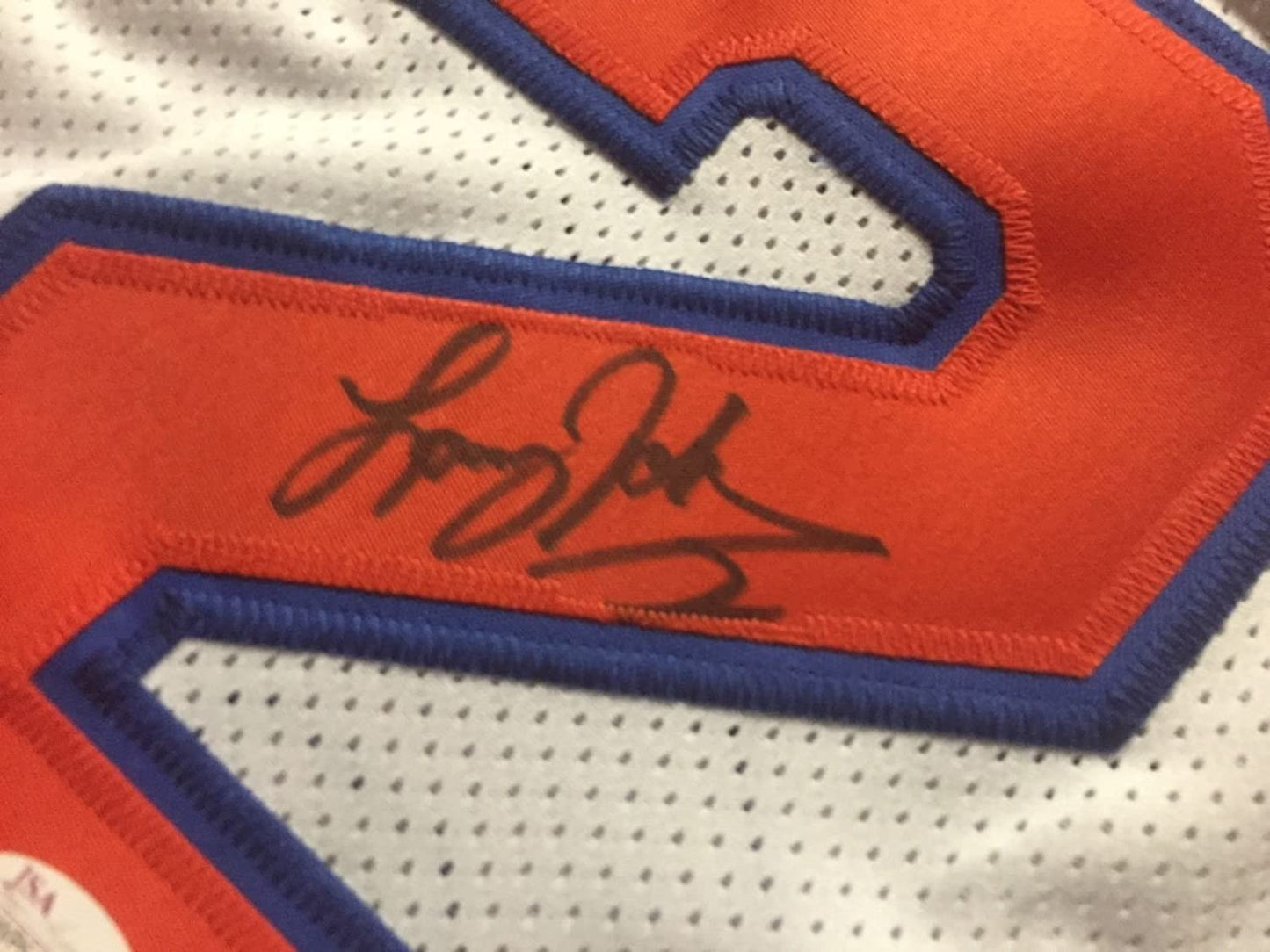 Framed Autographed/Signed Larry Johnson 35x39 New York White Basketball Jersey JSA COA
