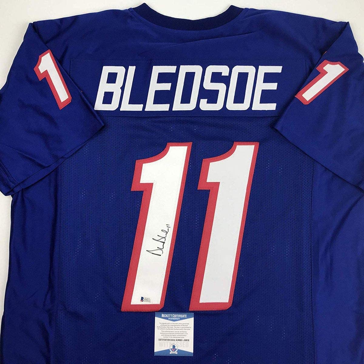 Autographed/Signed Drew Bledsoe New England Blue Football Jersey Beckett BAS COA