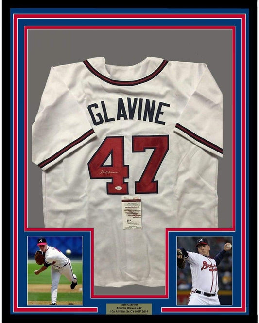 Framed Autographed/Signed Tom Glavine 35x39 Atlanta White Baseball Jersey JSA COA