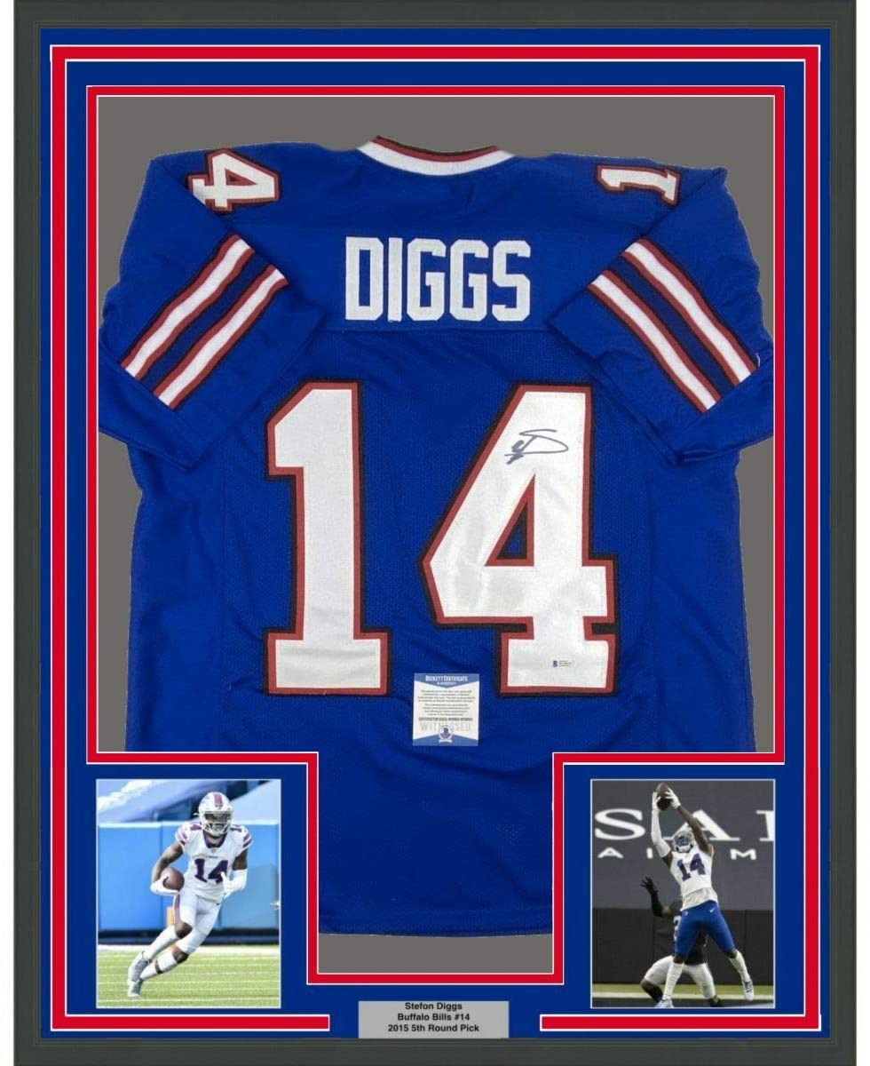 Framed Autographed/Signed Stefon Diggs 35x39 Buffalo Blue Football Jersey Beckett BAS COA