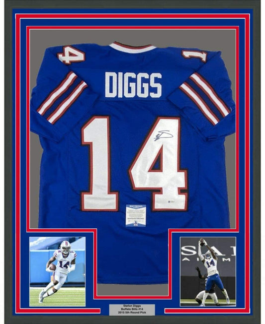 Framed Autographed/Signed Stefon Diggs 35x39 Buffalo Blue Football Jersey Beckett BAS COA