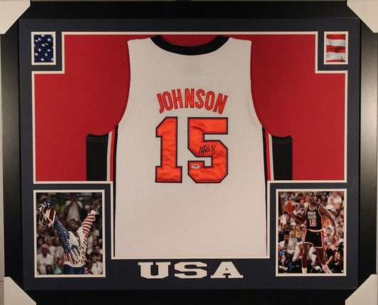 Autographed/Signed Earvin Magic Johnson Framed 35x43 Dream Team USA Olympics Nike Authentic Jersey PSA/DNA COA