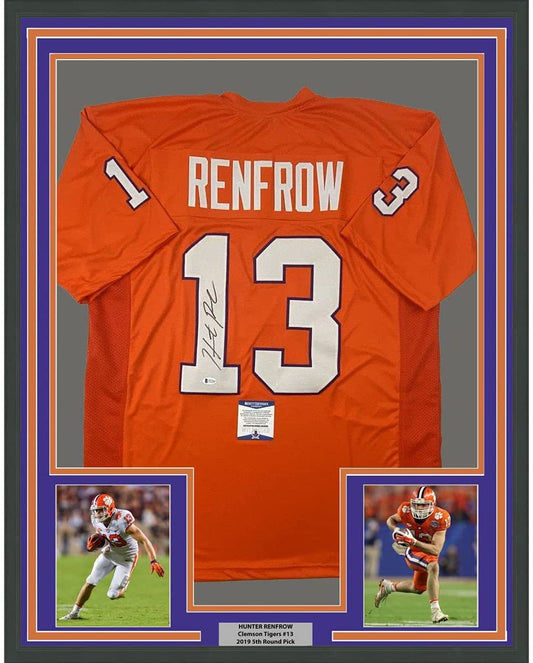 Framed Autographed/Signed Hunter Renfrow 35x39 Clemson Orange College Football Jersey Beckett BAS COA