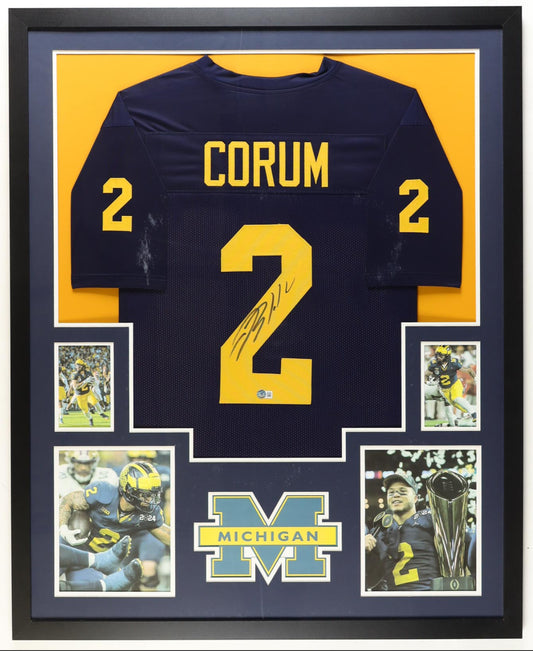 Blake Corum Autographed Michigan Wolvarines Jersey Framed 35x43 BAS COA