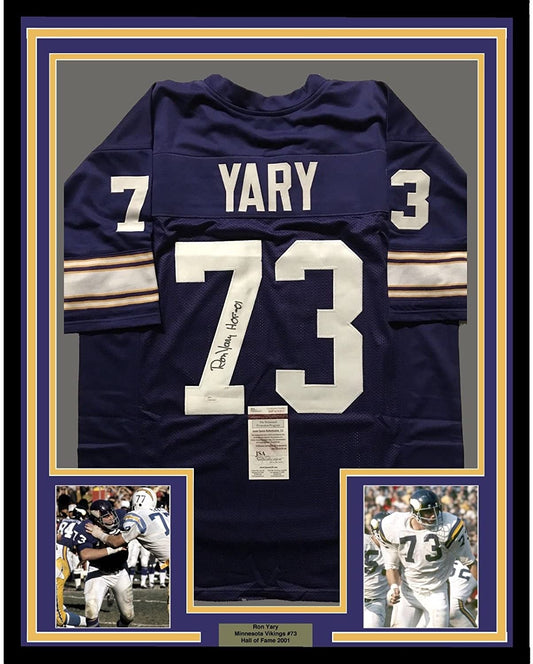 Framed Autographed/Signed Ron Yary HOF 01  35x39 Minnesota Vikings Purple Football Jersey JSA COA
