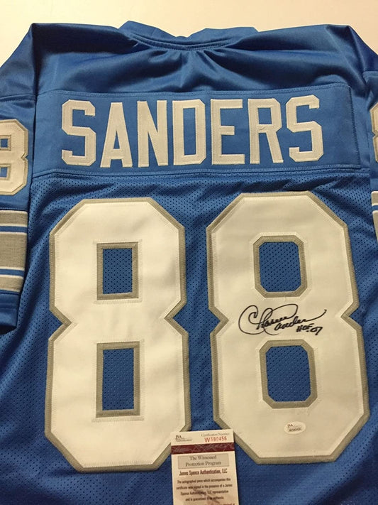 Autographed/Signed Charlie Sanders HOF 07  Detroit Lions Blue Football Jersey JSA COA