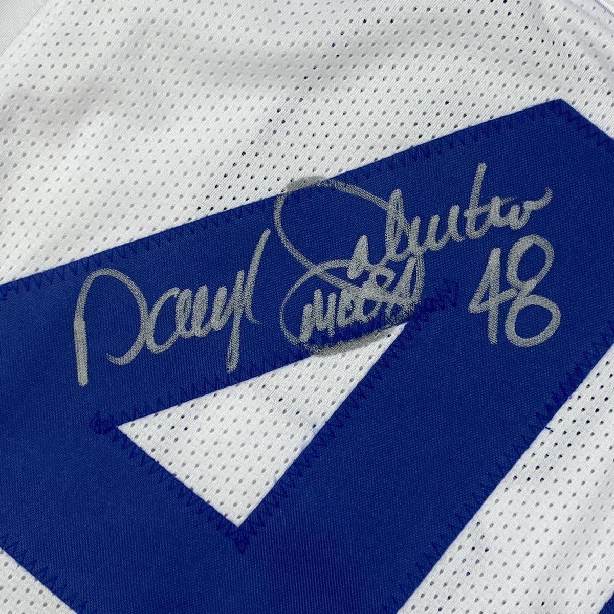Framed Autographed/Signed Daryl Moose Johnston 35x39 Dallas White Football Jersey Beckett BAS COA