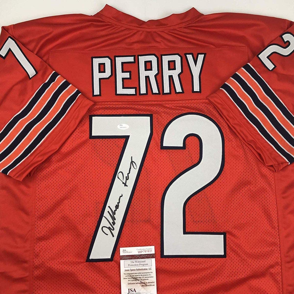 Autographed/Signed William Perry The Refrigerator Chicago Orange Football Jersey JSA COA