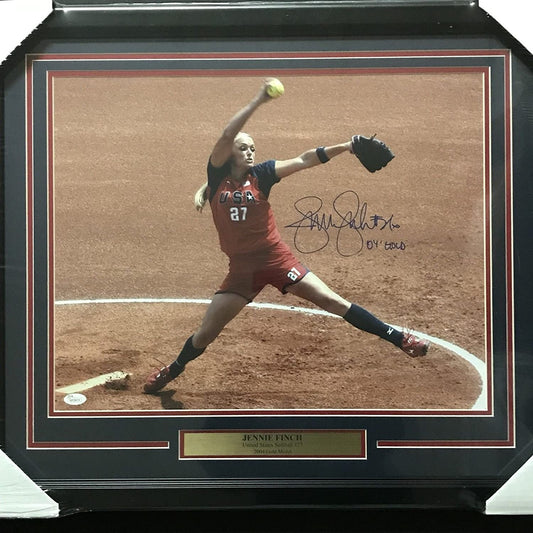 Framed Autographed/Signed Jennie Finch 04 Gold  Team USA Olympics 16x20 Softball Photo JSA COA