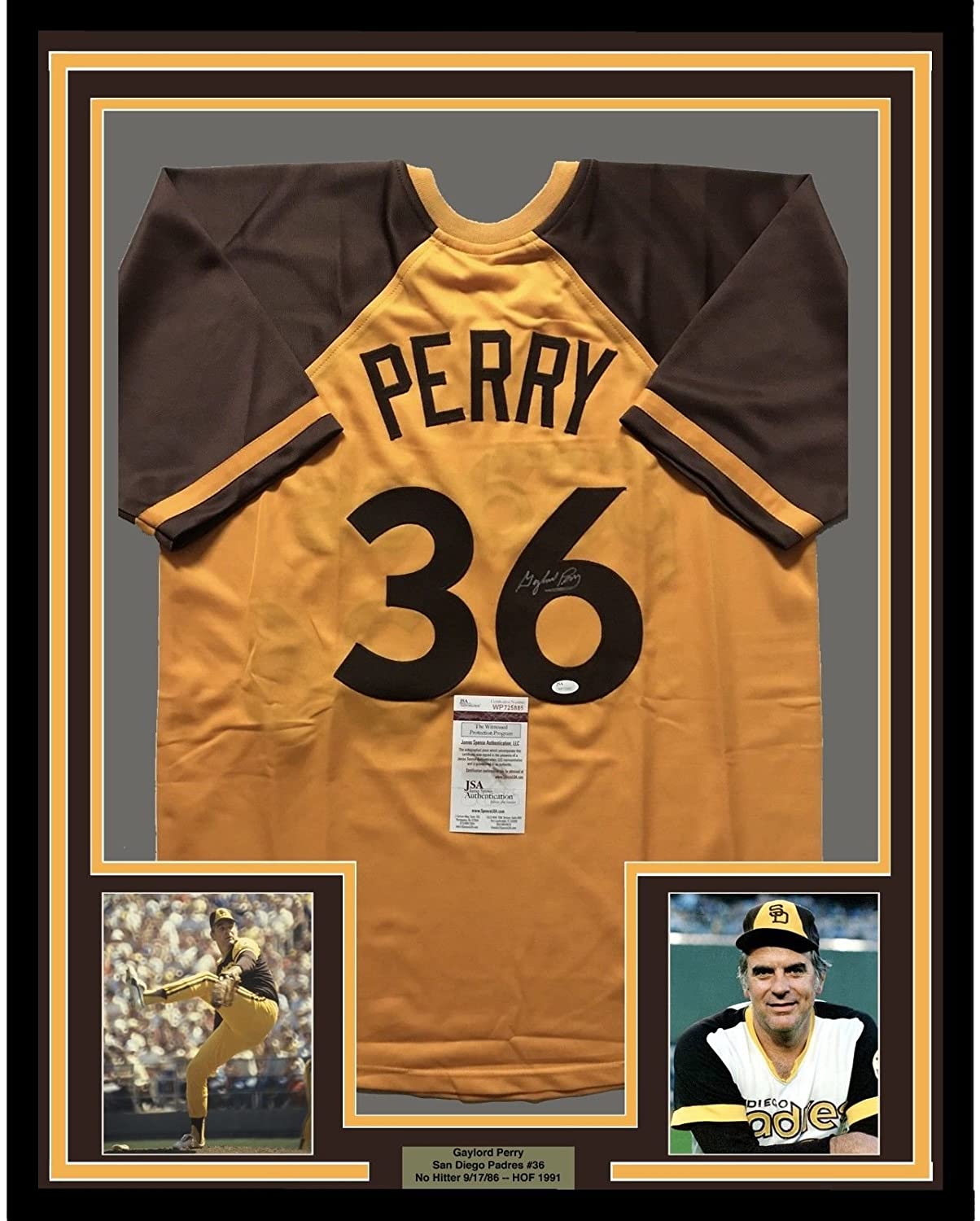 Framed Autographed/Signed Gaylord Perry 35x39 San Diego Yellow Baseball Jersey JSA COA