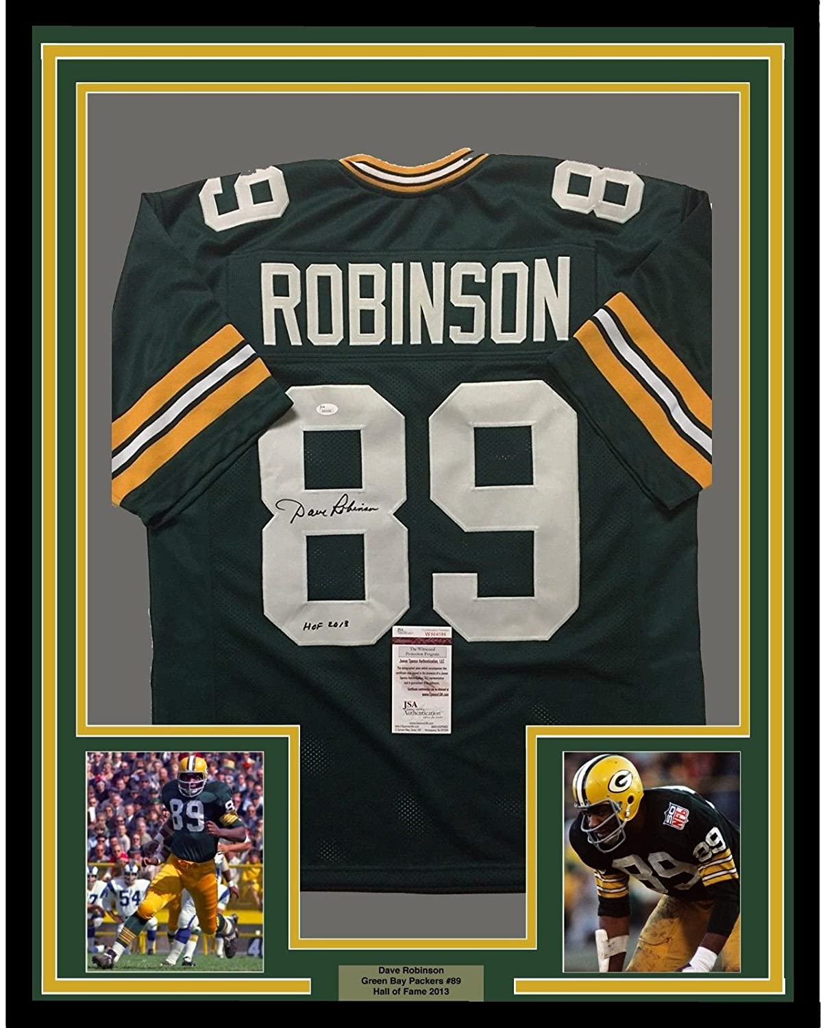 Framed Autographed/Signed Dave Robinson HOF 2013  35x39 Green Bay Packers Green Football Jersey JSA COA