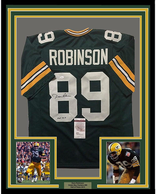 Framed Autographed/Signed Dave Robinson HOF 2013  35x39 Green Bay Packers Green Football Jersey JSA COA