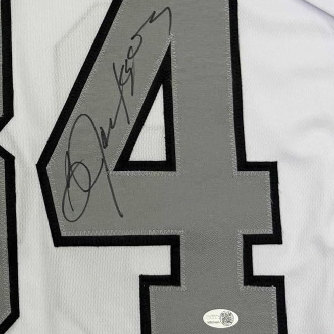Framed Autographed/Signed Bo Jackson 35x39 Oakland White Color Rush Football Jersey JSA COA