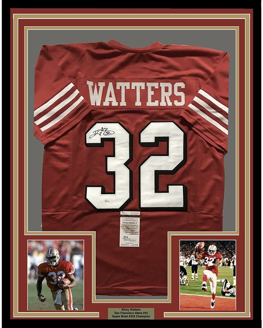 Framed Autographed/Signed Ricky Watters 35x39 San Francisco 49ers Red Football Jersey JSA COA