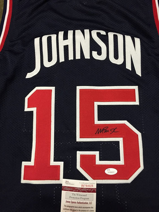 Autographed/Signed Earvin Magic Johnson Team USA Dream Team Olympics Blue Jersey JSA COA