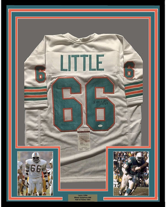 Framed Autographed/Signed Larry Little HOF 93  35x39 Miami Dolphins White Football Jersey JSA COA