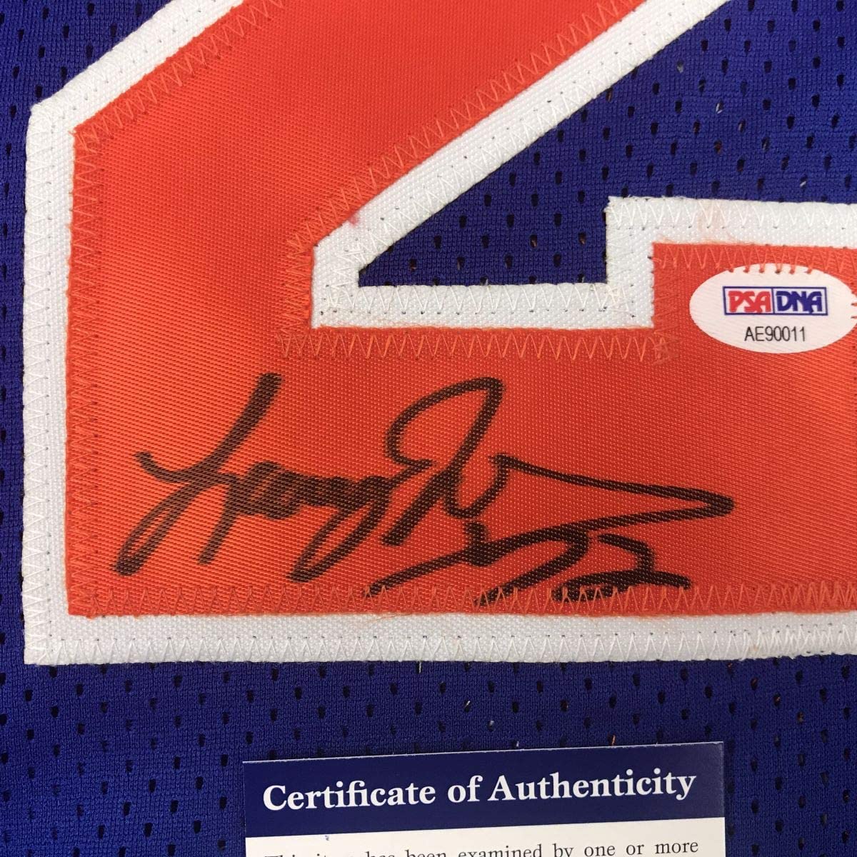 Autographed/Signed Larry Johnson New York Blue Basketball Jersey PSA/DNA COA