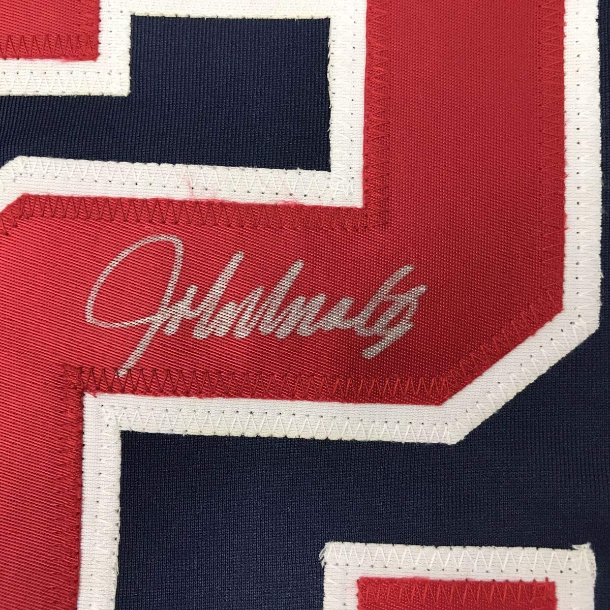 Framed Autographed/Signed John Smoltz 35x39 Atlanta Blue Baseball Jersey JSA COA
