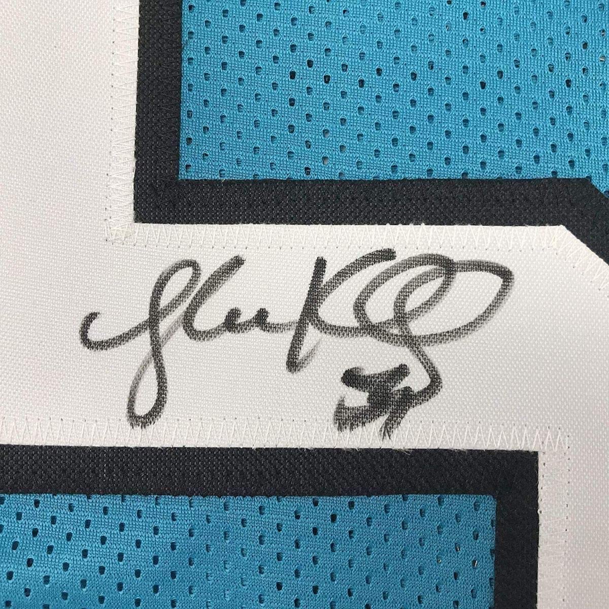 Framed Autographed/Signed Luke Kuechly 35x39 Carolina Blue Football Jersey JSA COA