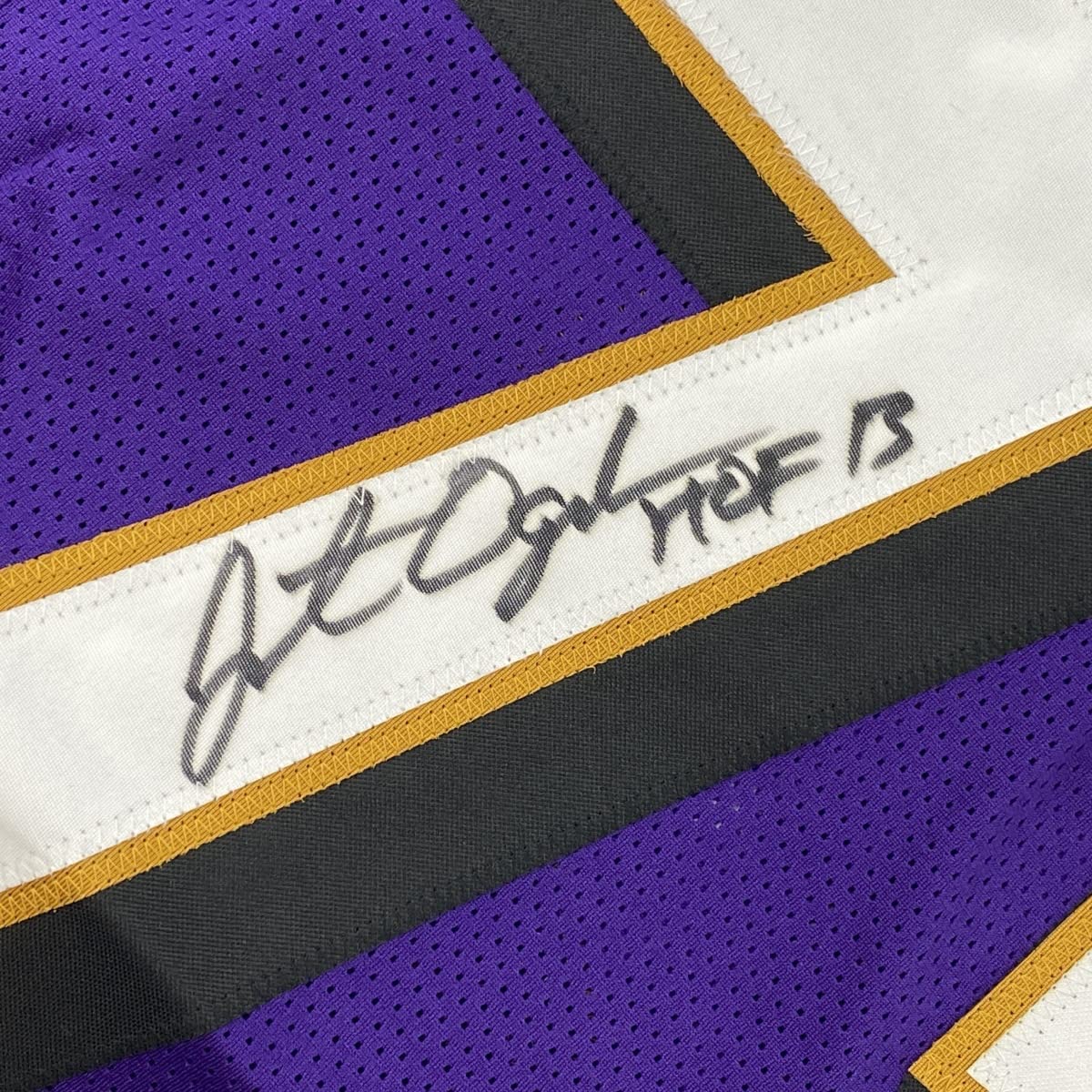 Framed Autographed/Signed Jonathan Ogden 35x39 HOF 13 Baltimore Purple Football Jersey JSA COA