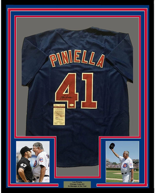 Framed Autographed/Signed Lou Piniella 35x39 Chicago Blue Baseball Jersey JSA COA