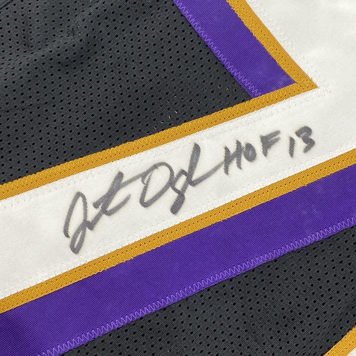 Framed Autographed/Signed Jonathan Ogden 35x39 HOF 13 Baltimore Black Football Jersey JSA COA