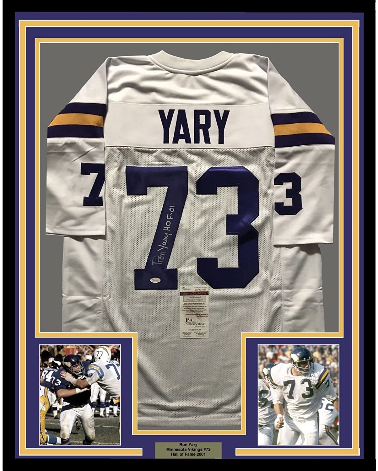 Framed Autographed/Signed Ron Yary HOF 01  35x39 Minnesota Vikings White Football Jersey JSA COA