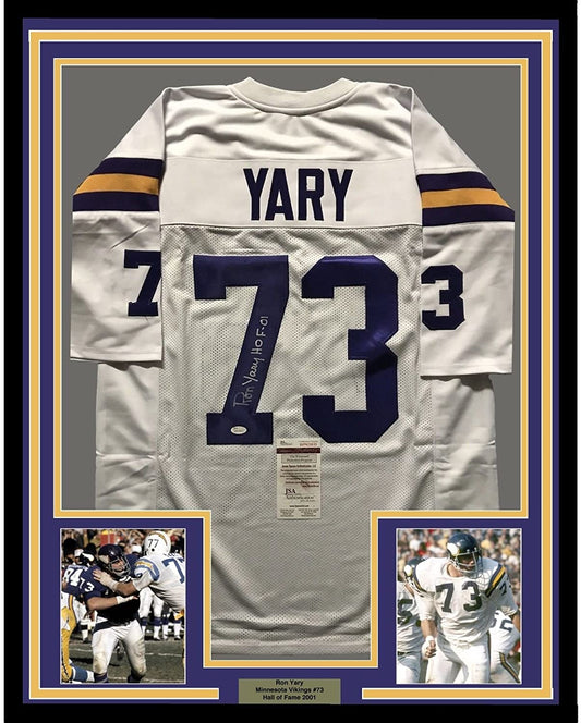 Framed Autographed/Signed Ron Yary HOF 01  35x39 Minnesota Vikings White Football Jersey JSA COA