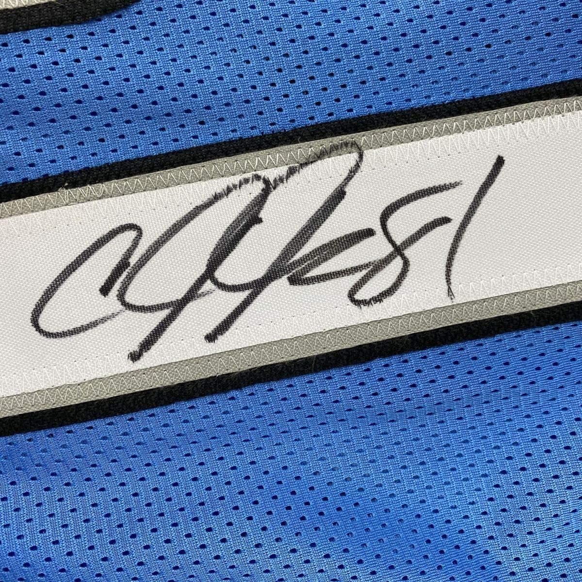 Framed Autographed/Signed Calvin Johnson 35x39 Detroit Blue Football Jersey JSA COA