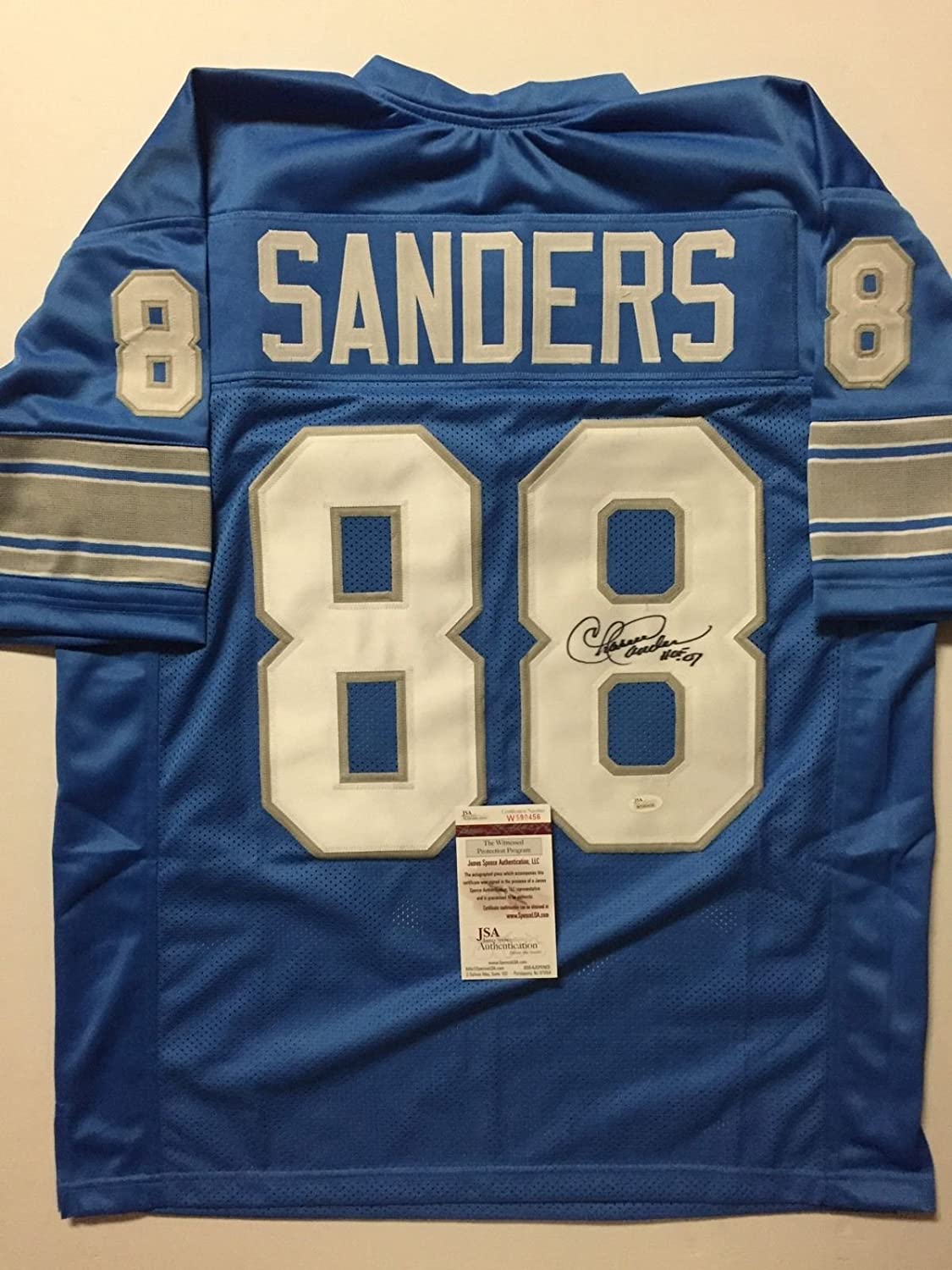 Autographed/Signed Charlie Sanders HOF 07  Detroit Lions Blue Football Jersey JSA COA