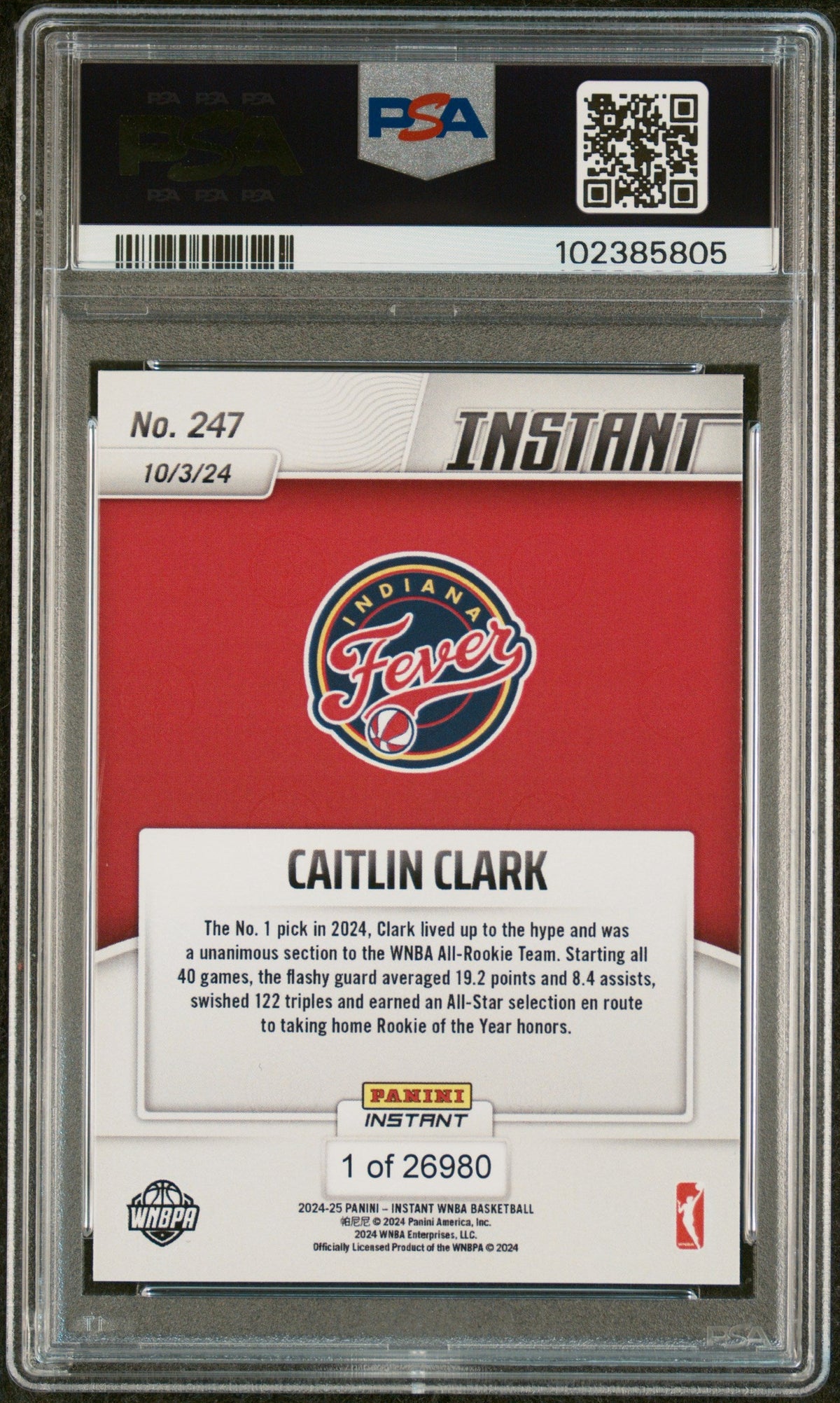 Graded 2024 Panini Instant WNBA Caitlin Clark #247 Rookie RC Basketball Card PSA 10 Gem Mint