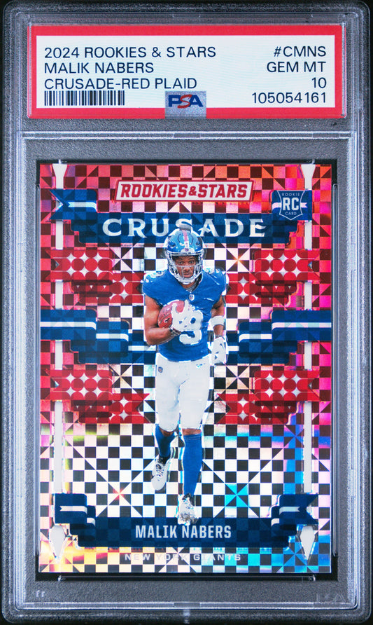 Graded 2024 Panini Rookies & Stars Malik Nabers #CMNS Crusade Red Plaid Rookie RC Football Card PSA 10 Gem Mint