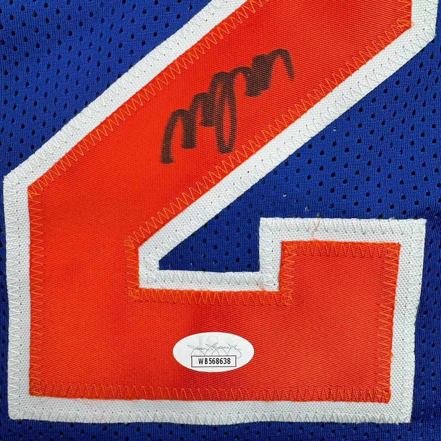Framed Autographed/Signed Miles Deuce McBride 35x39 New York Blue Basketball Jersey JSA COA