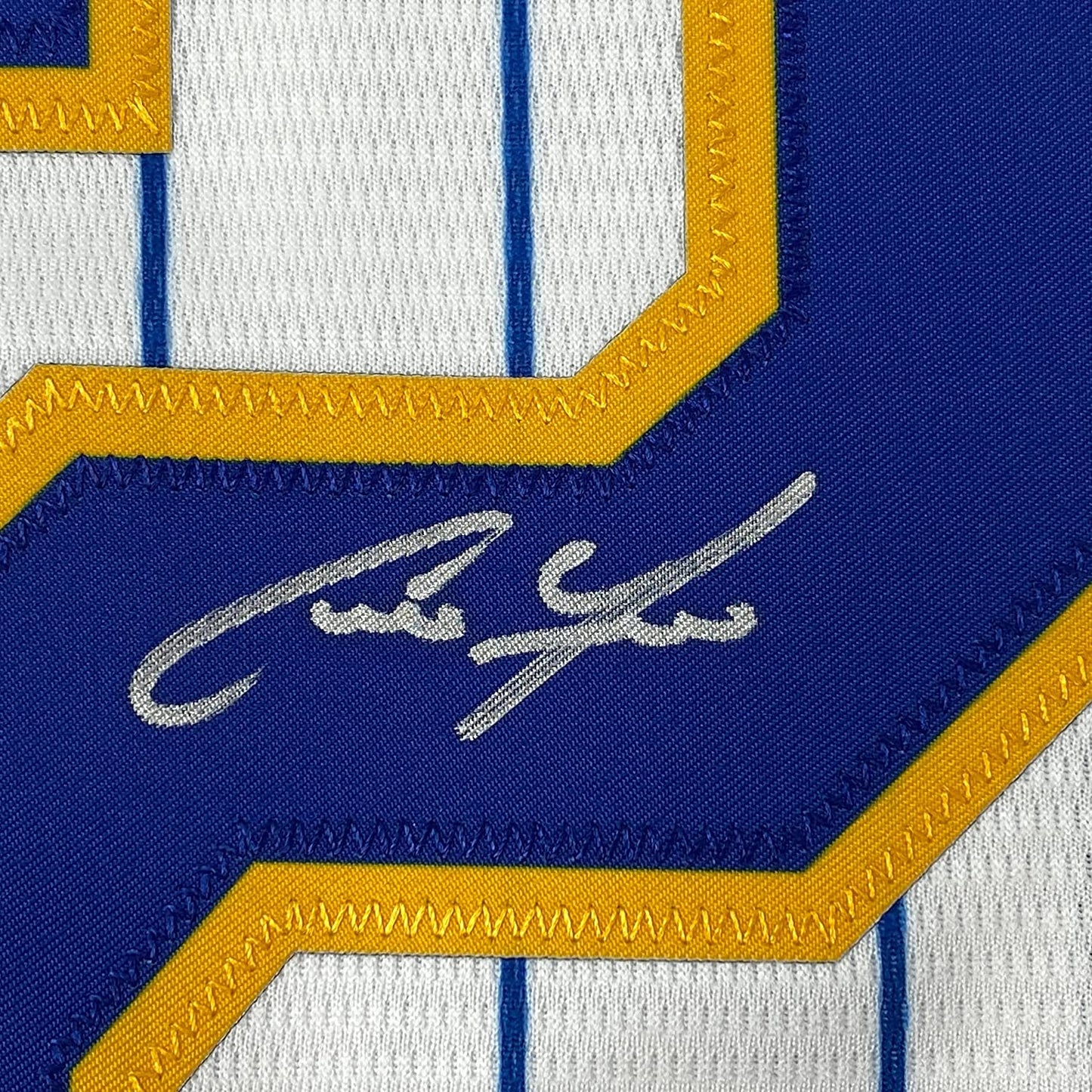 Framed Autographed/Signed Christian Yelich 35x39 Brew Crew Milwaukee Brewers Pinstripe Cool Base Baseball Jersey JSA COA