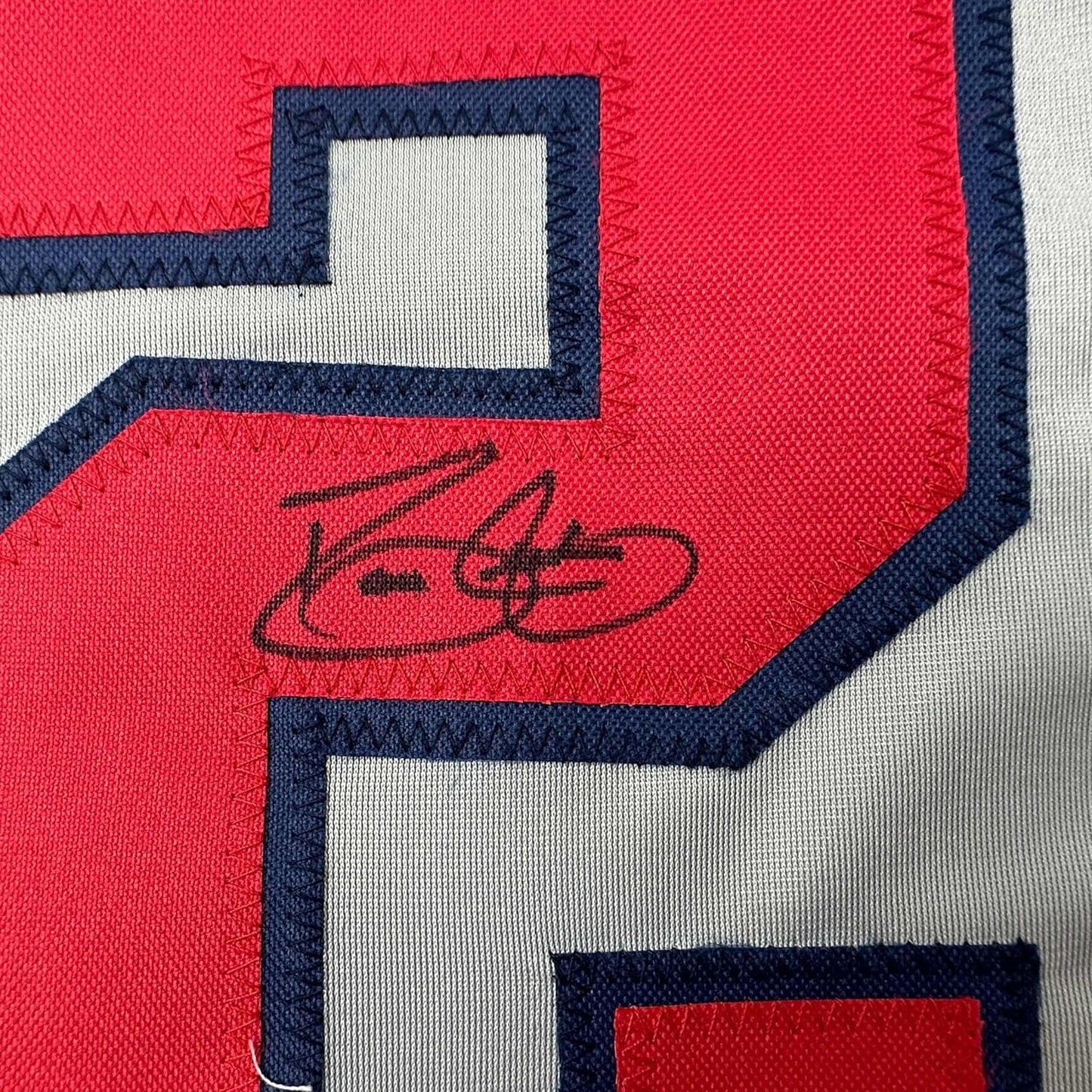 Framed Autographed/Signed David Justice 35x39 Atlanta Grey Baseball Jersey JSA COA