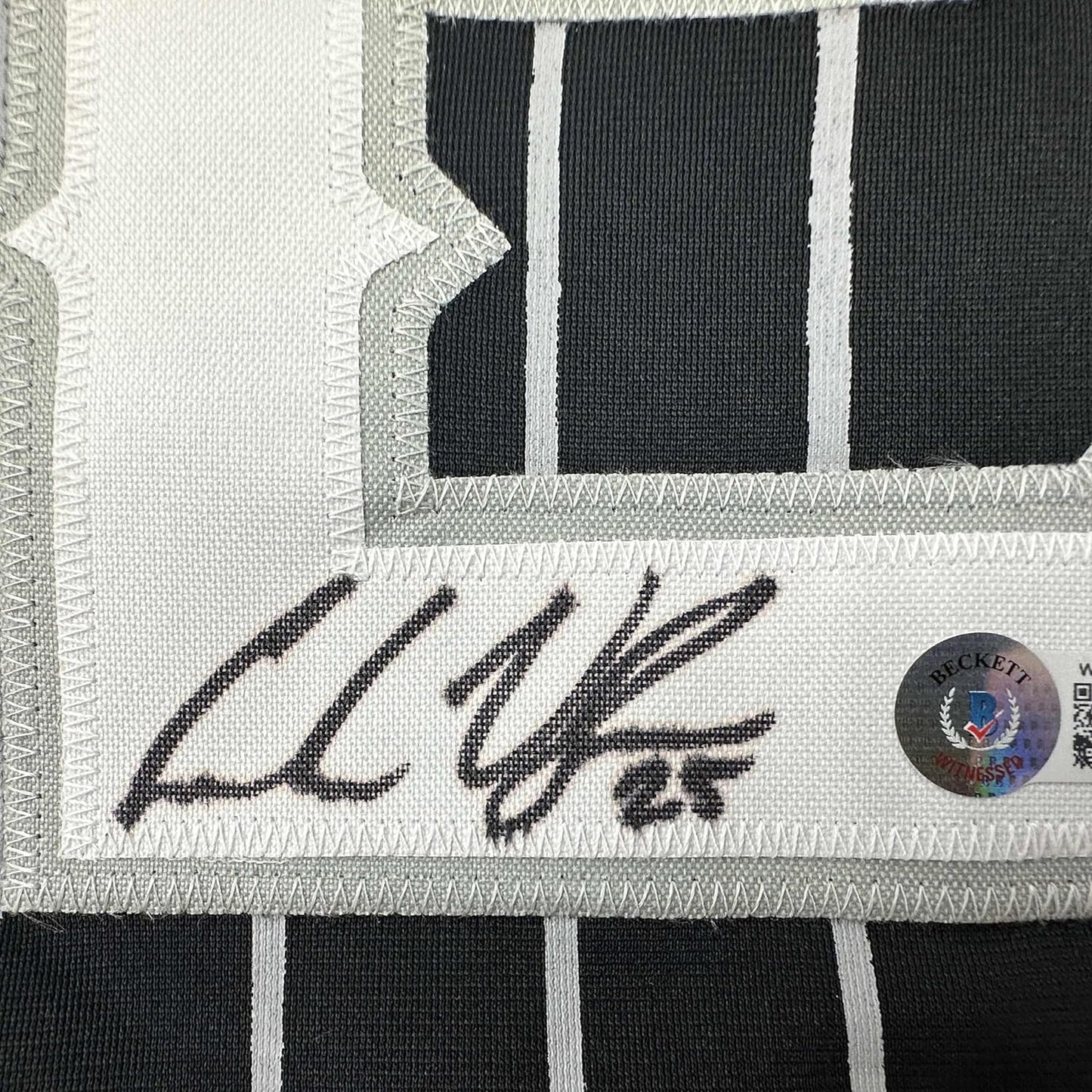 Framed Autographed/Signed Andrew Vaughn 35x39 Chicago Black Pinstripe City Edition Baseball Jersey Beckett BAS COA