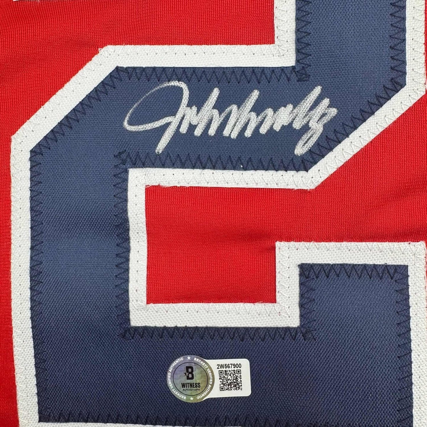 Framed Autographed/Signed John Smoltz 35x39 Atlanta Red Baseball Jersey Beckett BAS COA