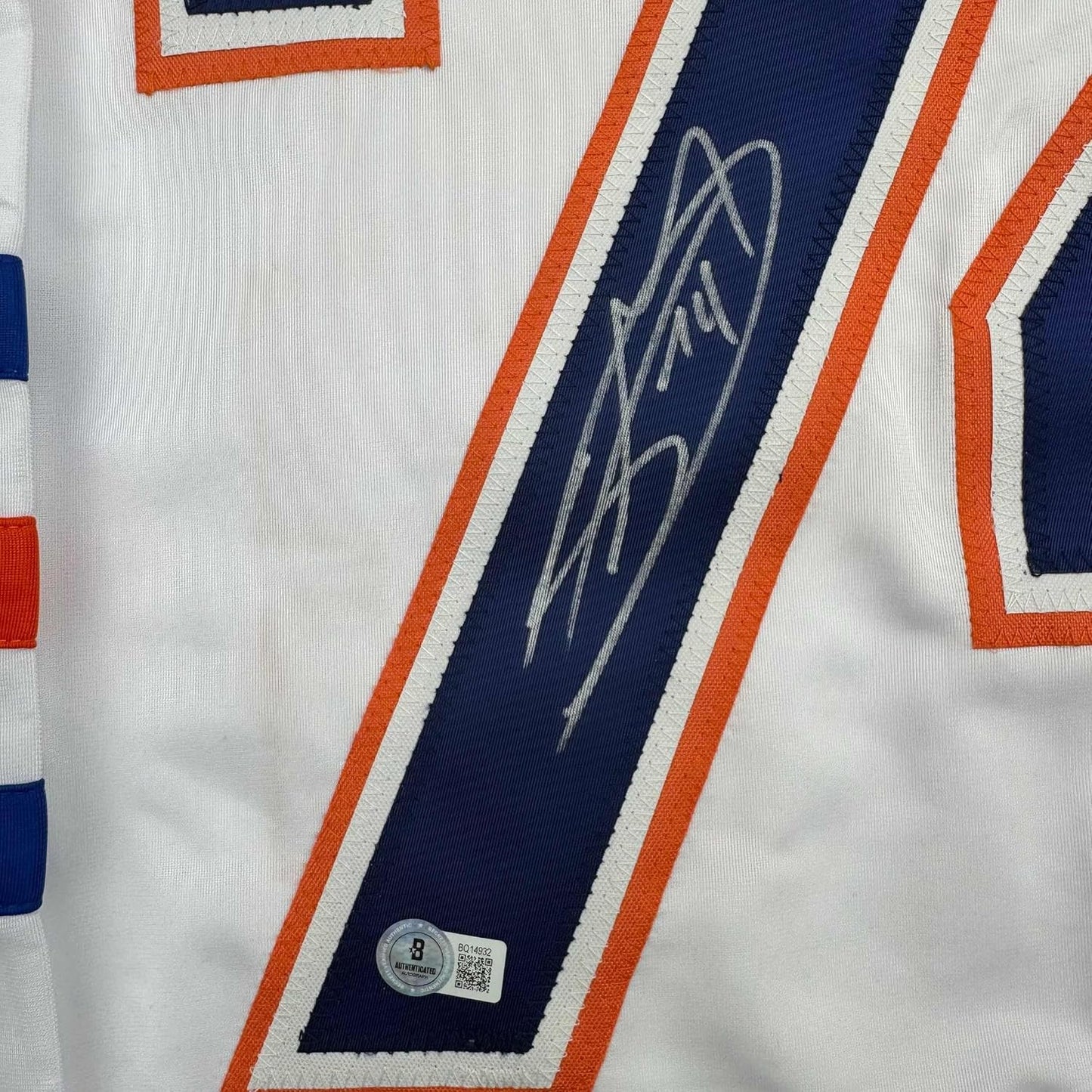 Framed Autographed/Signed Stuart Skinner 35x39 Edmonton White Hockey Jersey Beckett BAS COA
