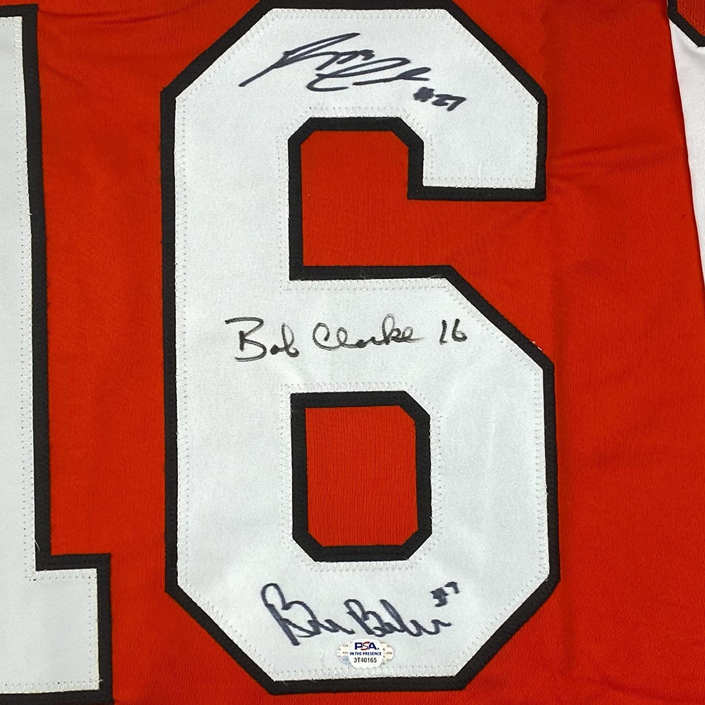 Framed Autographed/Signed LCB Line Reggie Leach, Bobby Clarke & Bill Barber 35x39 Philadelphia Orange Hockey Jersey JSA COA