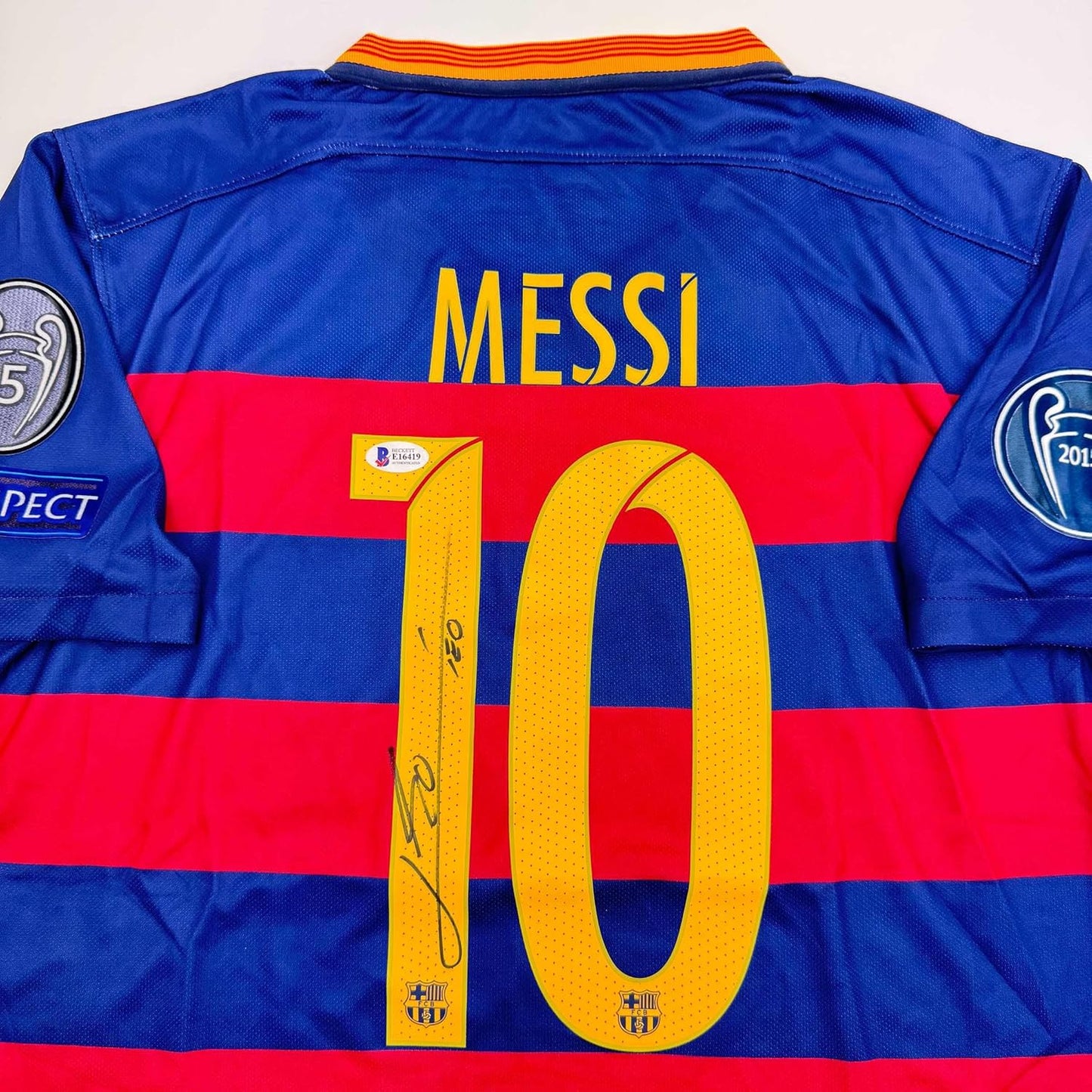Framed Autographed/Signed Lionel Leo Messi 35x39 FC Barcelona Soccer Jersey Beckett BAS COA