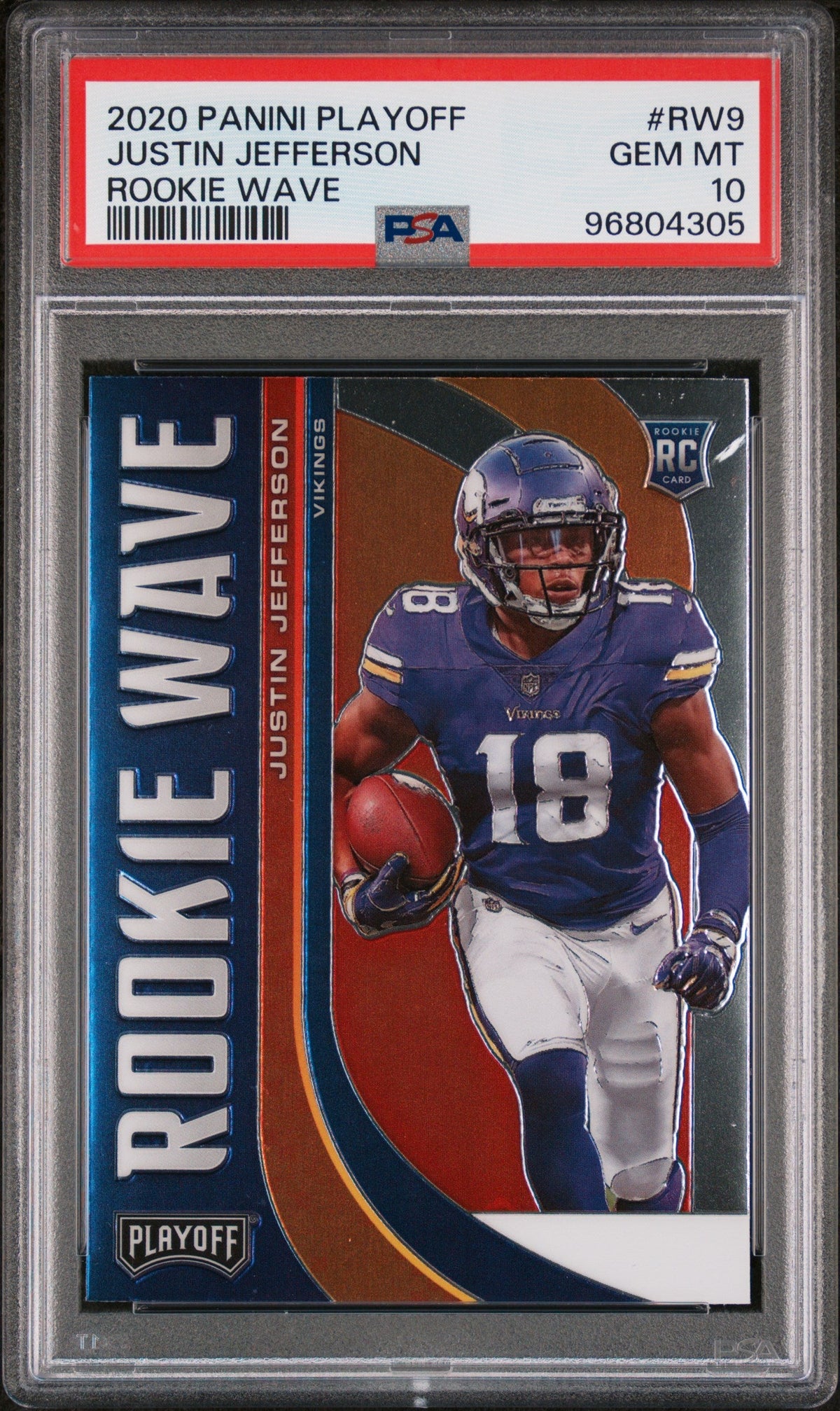 Graded 2020 Panini Playoff Justin Jefferson #RW9 Rookie Wave Rookie RC Football Card PSA 10 Gem Mint