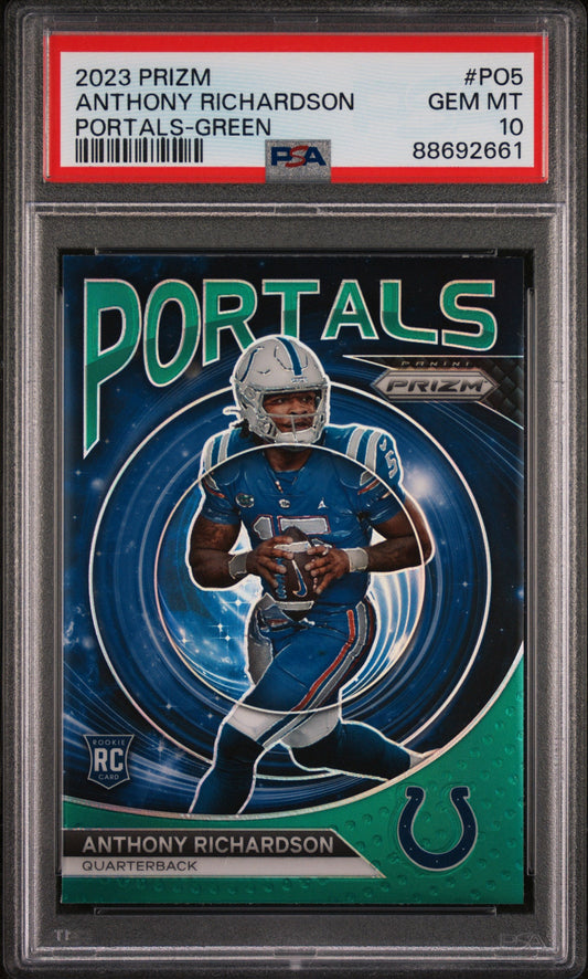 Graded 2023 Panini Prizm Anthony Richardson #PO5 Portals Green Rookie RC Football Card PSA 10 Gem Mint