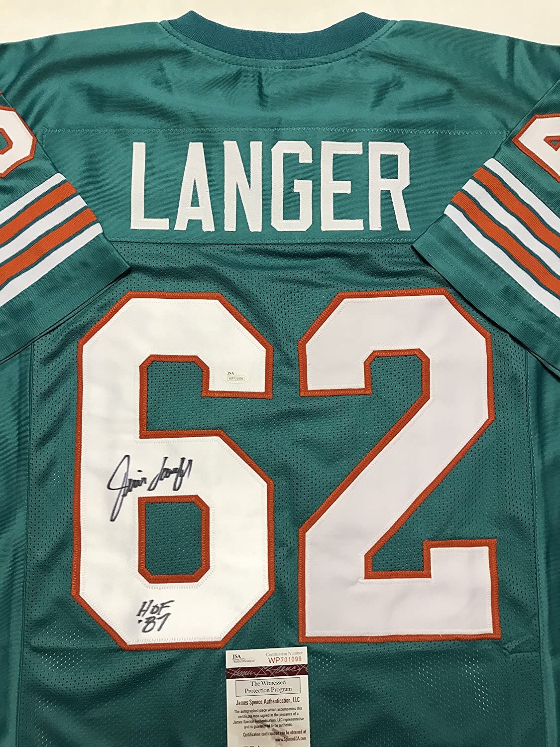 Autographed/Signed Jim Langer HOF 87  Miami Teal Football Jersey JSA COA