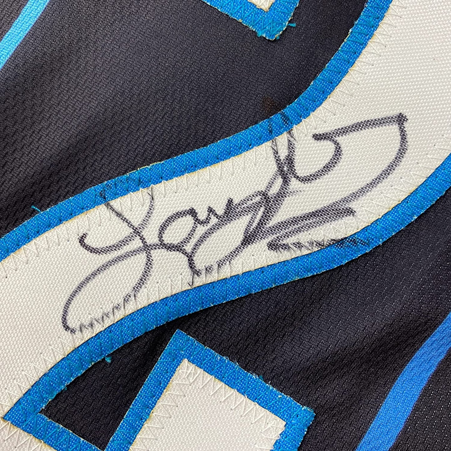 Framed Autographed/Signed Larry Johnson 35x39 Charlotte Black Basketball Jersey JSA COA
